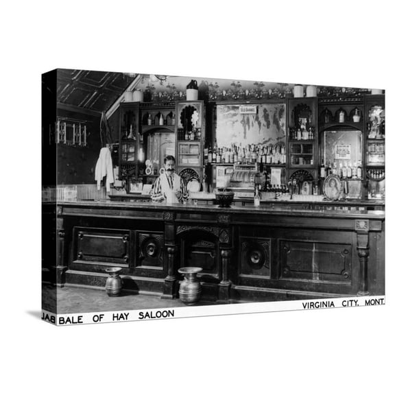 Art.com Virginia City, Montana - Interior View of Bale of Hay Saloon Stretched Canvas Print Wall Art by Lantern Press, 18" x 12"