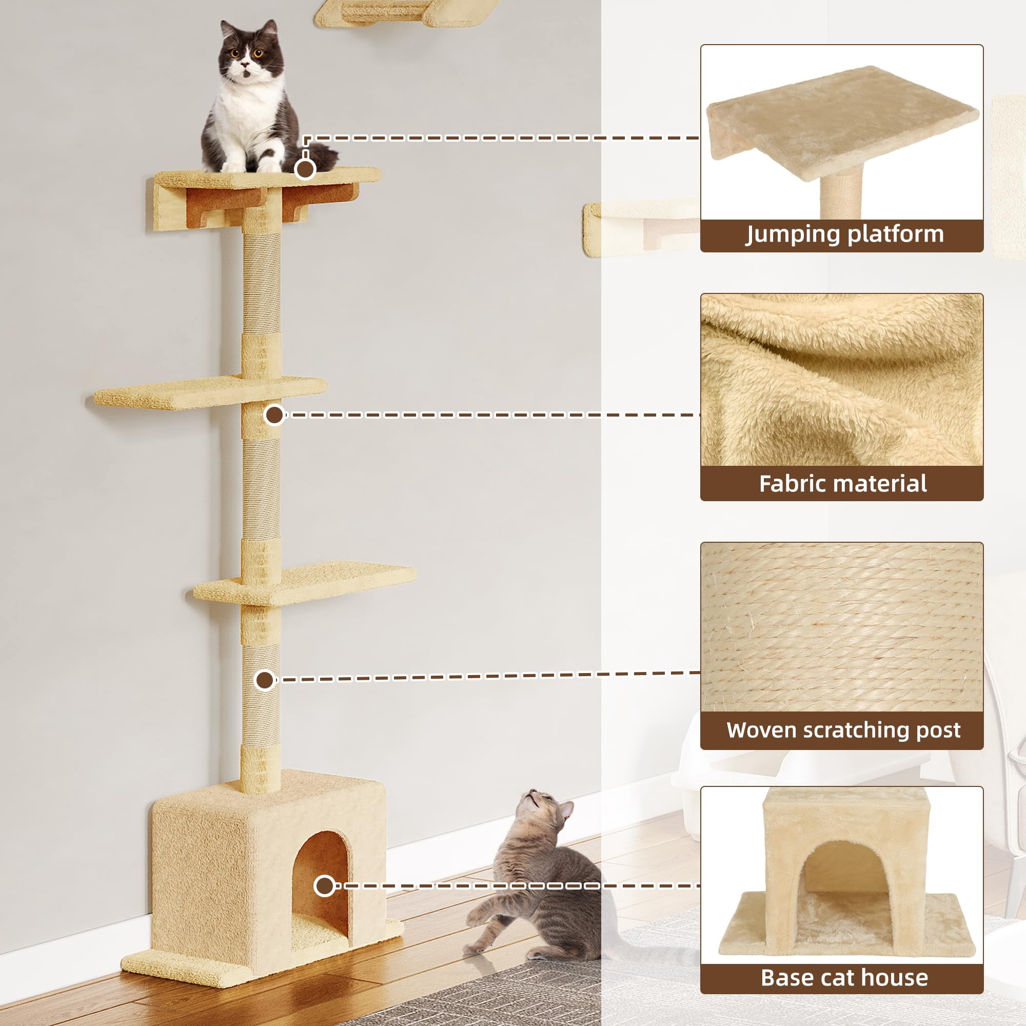 Cat Wall Shelves With Tree  26-in-1 Mounted Pet Furniture 40''l Tunnel Posts House Step And Floating Bridge Climbing Systems 63'' Cats Tower Beige