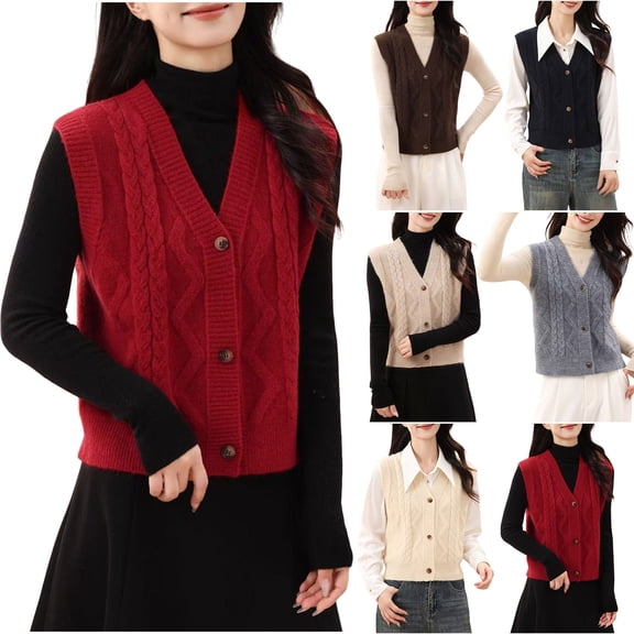 Weiqiqre Winter Clothing for Women Fall Fashion Sweaters Vest Tops Sleeveless Button Down V Neck Chunky Cable Knit Cardigan Trendy Outfits 2025