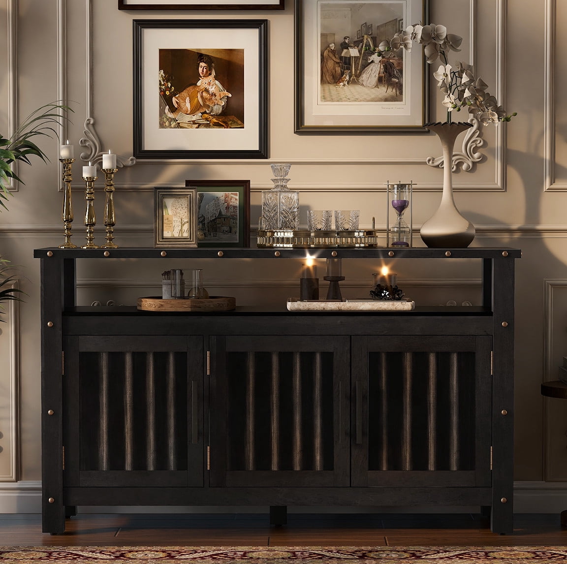 Mid-Century Modern 3-Door Buffet Sideboard Console Table with Nailhead Trim, 2-Tier Open Shelving Coffee Bar Storage Cabinet