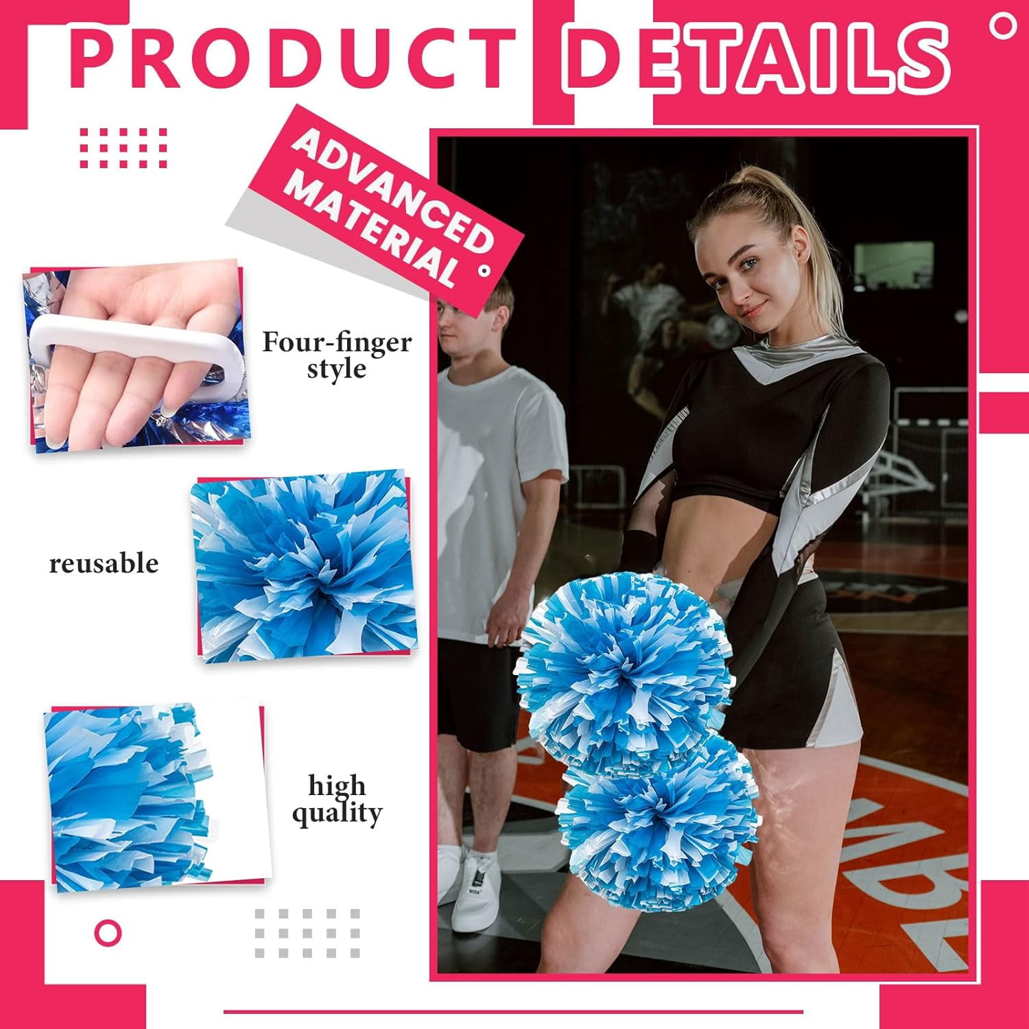 12 Pack Cheerleading pom poms,Cheer pom poms Sports Dance Cheer Plastic Pom Poms Cheerleading for Sports Team Spirit Cheering (Blue+Pink+White)