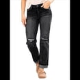thumbnail image 2 of Pantalones Vaqueros Boyfriend Rectos de Tiro Medio para Mujer, de Mezclilla Elástica y Rasgada, A . Negro S, 2 of 8