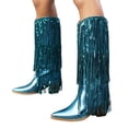 thumbnail image 3 of Povozer Cow Boots for Women Cowboy Boots Print Half Boots Pull on Mid Heel Cowgirl Boots(Blue,8), 3 of 6