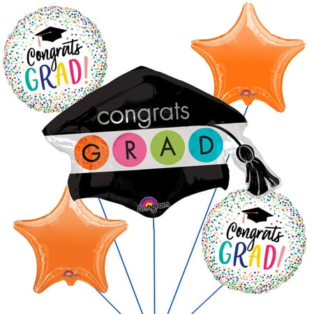 Veil Entertainment Congrats Grad Cap Bright Colorful Bouquet 5pc Graduation Balloons, Orange