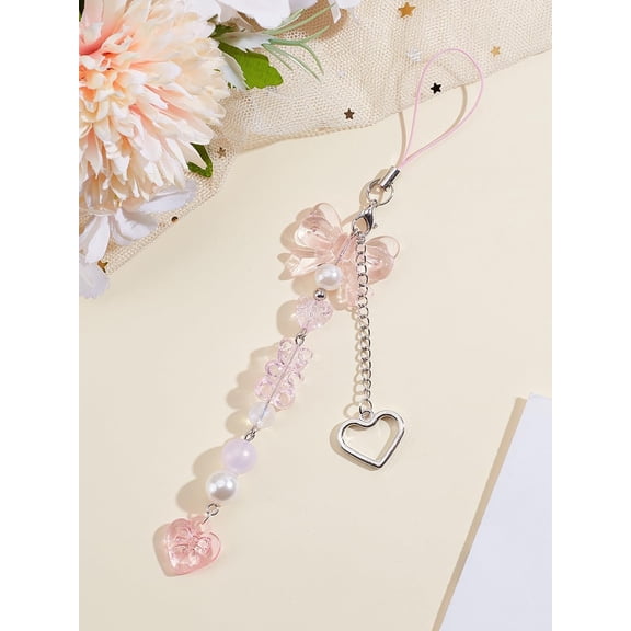 1Pc Heart Bowknot Mobile Straps Mobile Accessories Decoration Handsets Chain String Non-Lost Beaded Handsets Lanyard for Women Camera Keychain Decoration DIY Craft Making 175mm Long