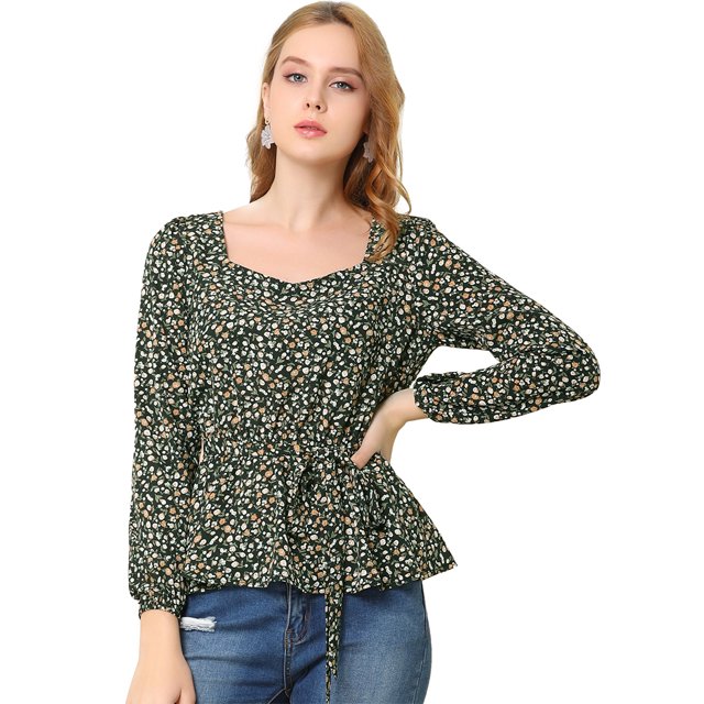 Blusa Floral Allegra K Manga Larga Cuello Cuadrado Peplum Mujer Cinturón Negro S