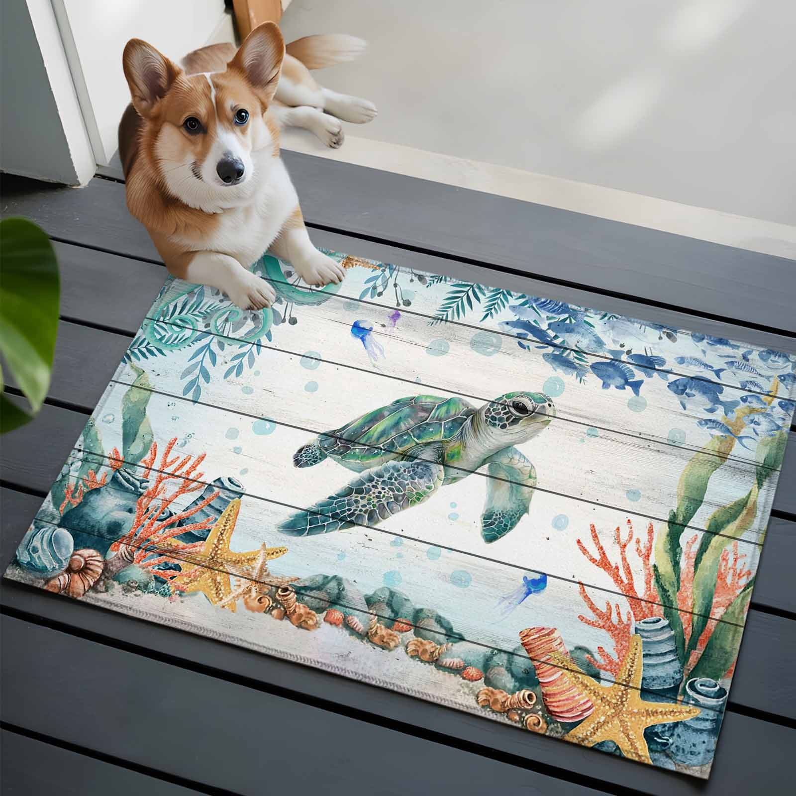 Entryway Rug 2'x3', Sea Turtle Coastal Small Rug for Kitchen Bathroom Door Mat Indoor Entrance, Summer Nautical Starfish Coral Grey Wooden Non-Slip Area Rugs Floor Mats Carpet Front Door Rugs