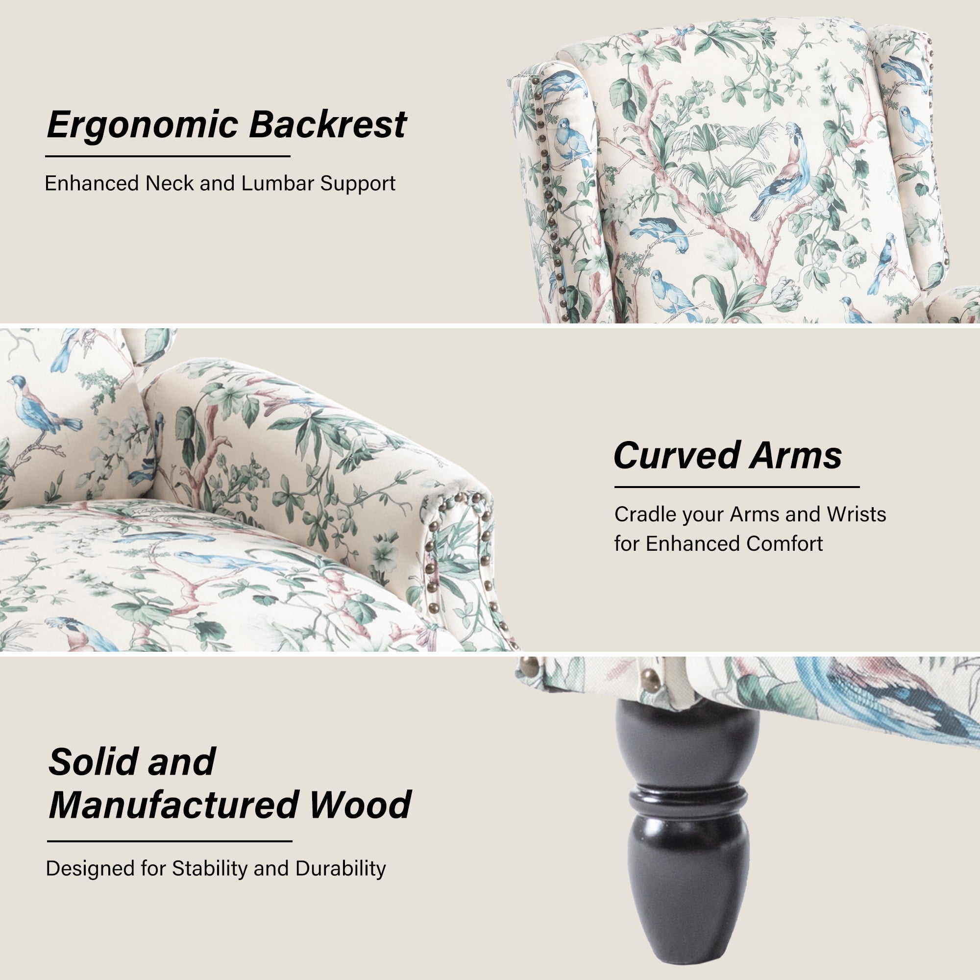 DREAMSIDEA Push Back Recliner Chair Living Room, Wingback Reclining Sofa Chair, Fabric Floral Recliner Reading Chair with Footrest for Living Room/Office/Apartment, Bird