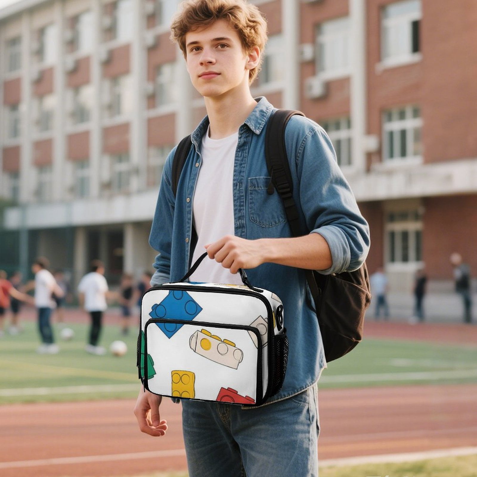 11.8×9.6in Large Capacity Rectangular Lunch Bag Durable Storage Convenient Thermal Insulation And Cold Pocket Design Multicolored Building Block (15)