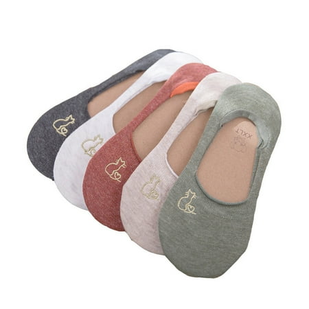 

LEAQU 5Pairs Women Embroidery Cats Anti Slip Low Cut Invisible Boat Socks
