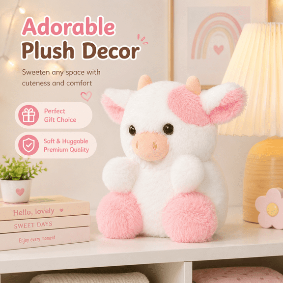 Strawberry Cow Plush Doll - Cute Stuffed Animal Toy, Soft Cuddly Cow Plushie, Durable Family Stuffed Toy, Perfect Holiday Birthday Gift for Easter Decor Cuddle Play, 7.9in, Pink