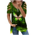 thumbnail image 1 of Elegante blusa estampada con cuello en V para mujer, camiseta suelta de manga corta con cremallera OAVQHLG3B Store  lin121212, 1 of 4