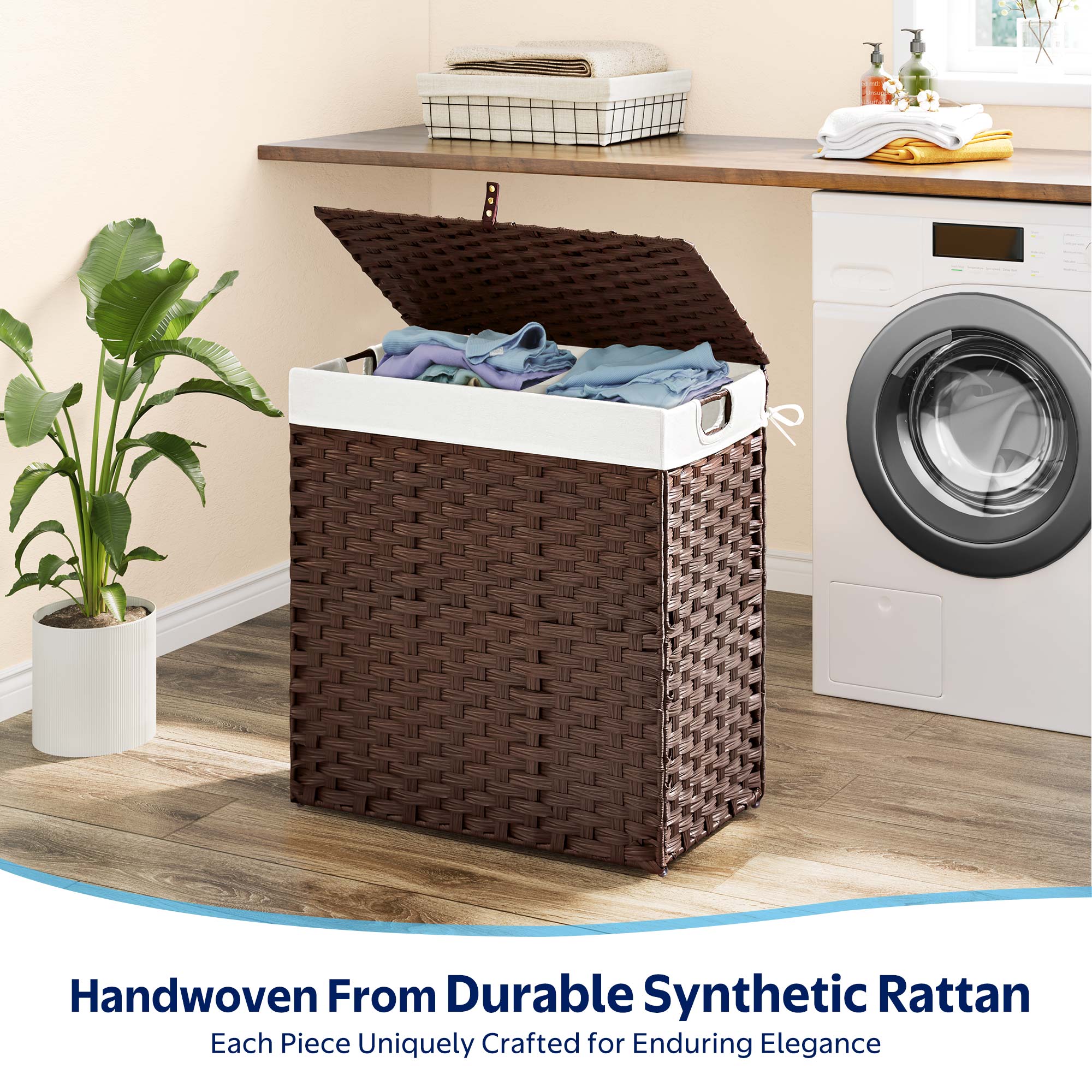 Rolanstar 110L Laundry Hamper Wicker Laundry Basket with Lid, Handles Clothes Hamper Foldable with 2 Removable Liner Bags, Brown