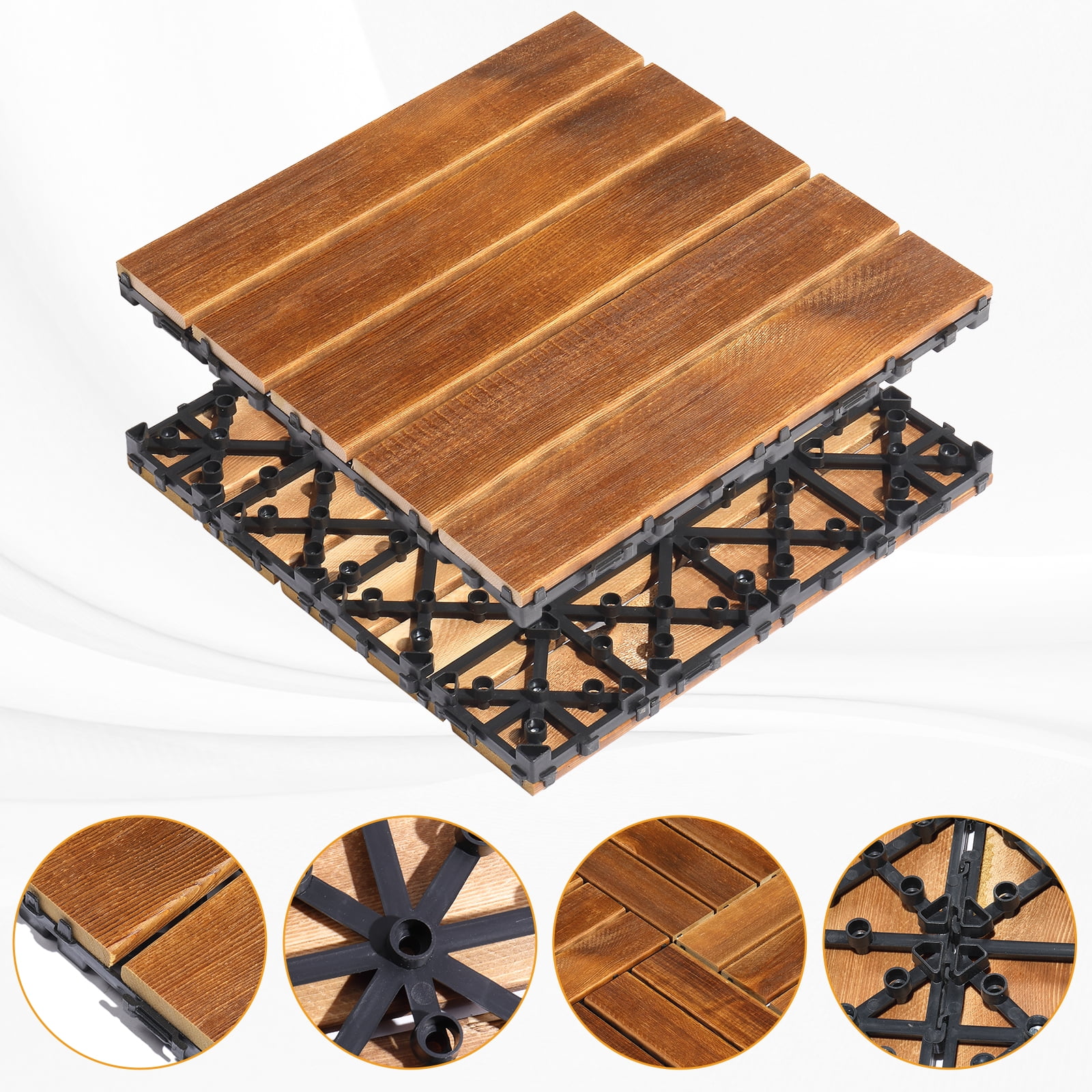 27pcs Wood Interlocking Deck Tiles 11.8"x11.8", Waterproof Flooring Tiles for Indoor and Outdoor, Patio Wood Flooring for Patio Porch Poolside Balcony Backyard, Stripe Pattern
