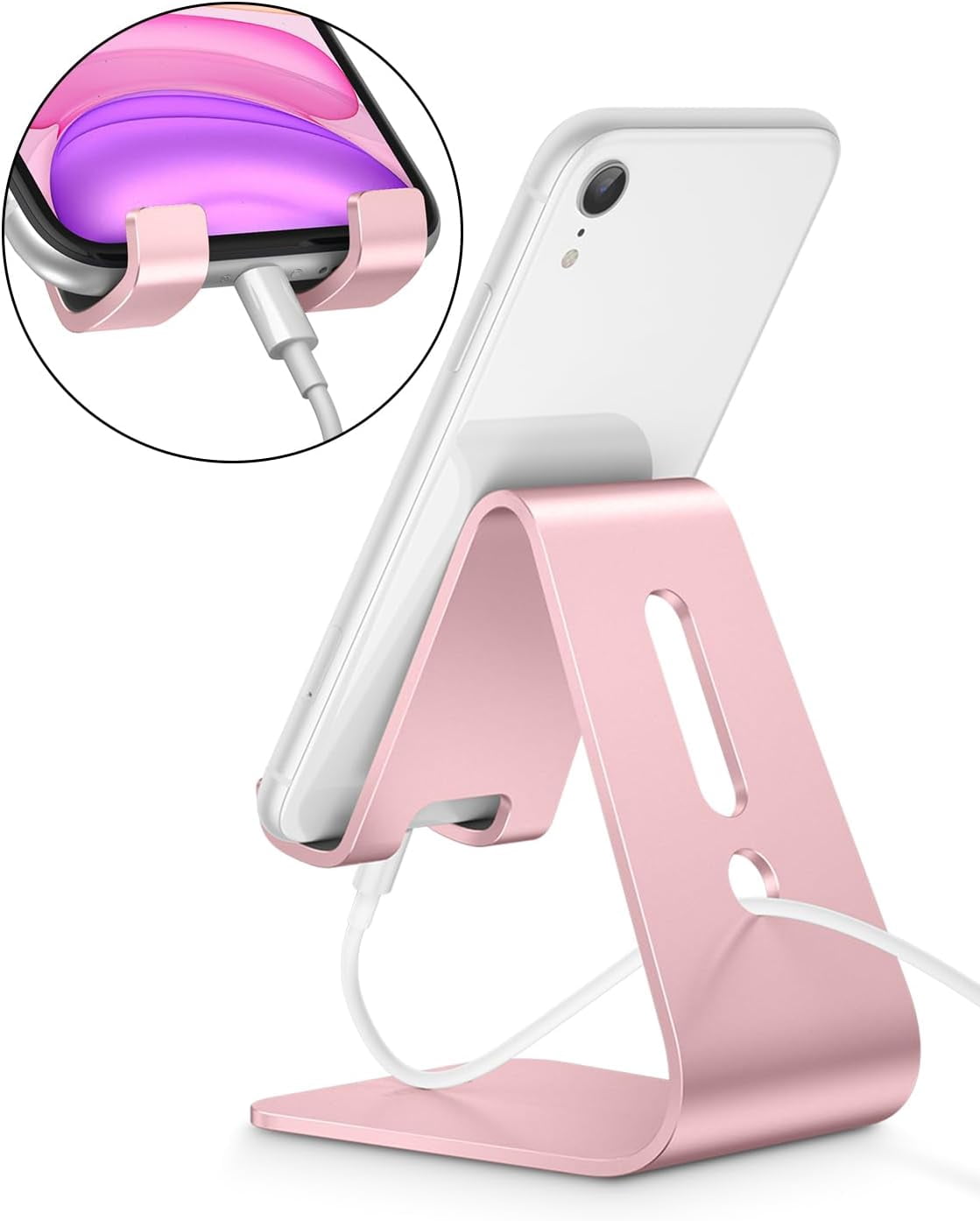 Upgraded Aluminum Cell Phone Stand for Desk, C1 Durable Cellphone Dock with Protective Pads, Smart Stand Designed for iPhone16, 15/14/13/12 Pro Max XR XS, iPad Mini, Android Phones,Rose Gold