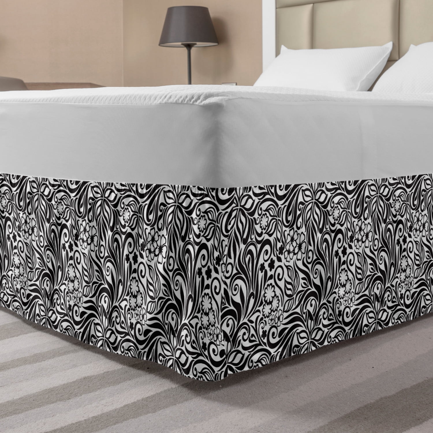 Black and White Bed Skirt, Western Scroll Pattern Design with Classical