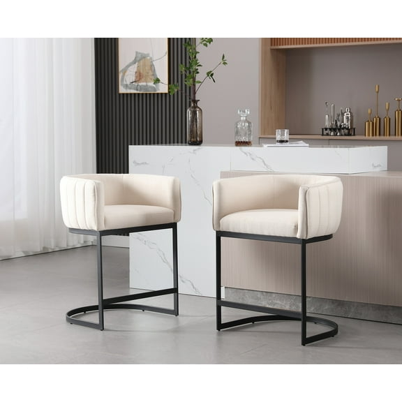Dayalane 24.5" Modern Counter Height Bar Stool Set of 2, Linen Upholstered Bar Stool with Curved Backrest and Black Metal Frame, Comfy Barrel Stools Kitchen Island Stool for Bar Restaurant, Beige