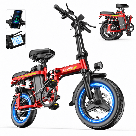 LuckRoll 14" Foldable Electric Bike for Adults, 750W Motor 52V 25Ah Removable Battery, 20MPH Class 2 Mini Ebike with Two Seats, 6-Point Shock Absorbers and Anti-Theft Lock, UL2849，Bicicleta Electrica