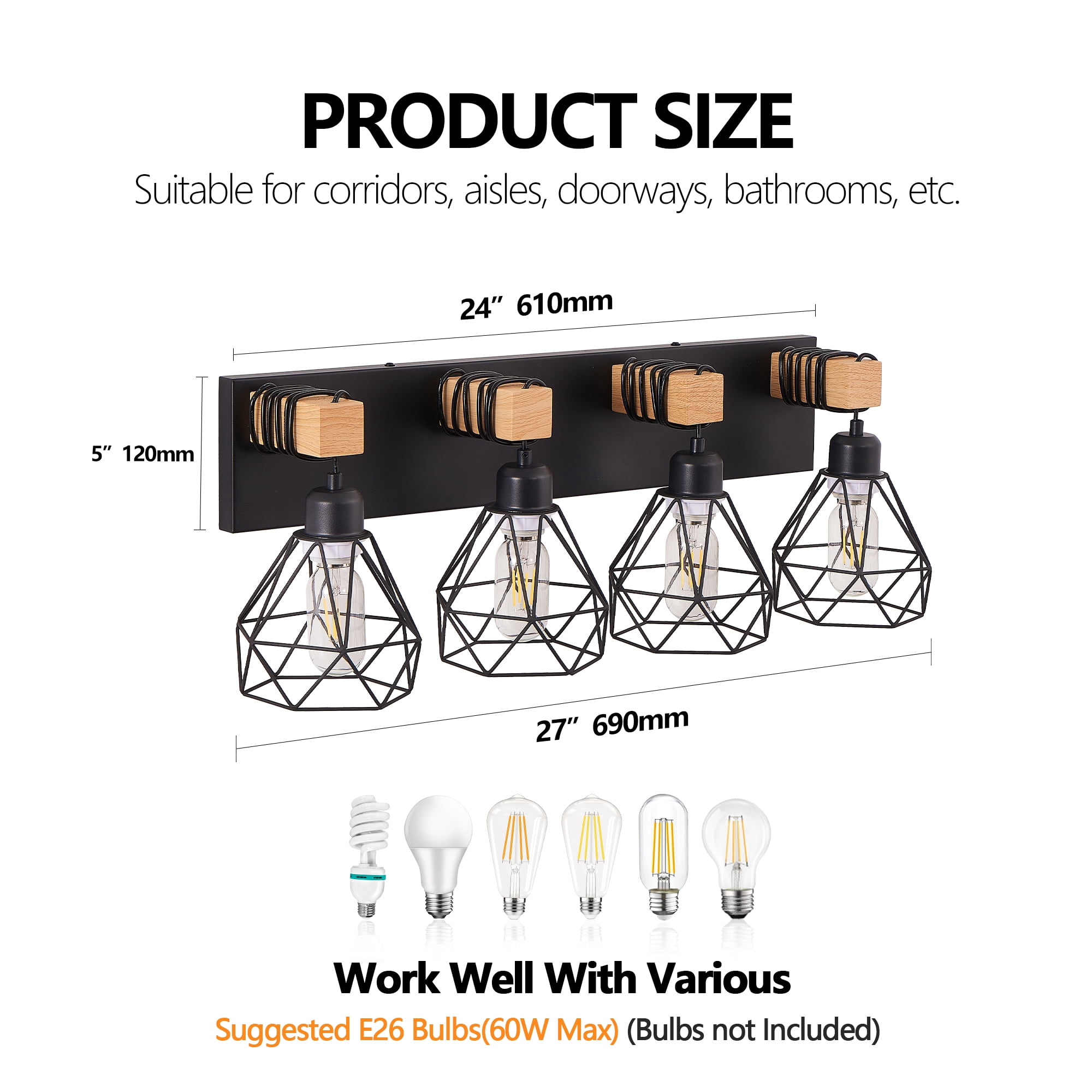 24" Modern Geometric 4-Light Vanity Light Fixture with Black Metal, Wooden Accents and Cage Lampshade for Bathroom, Bedroom, or Living Room (Bulb Not Included)