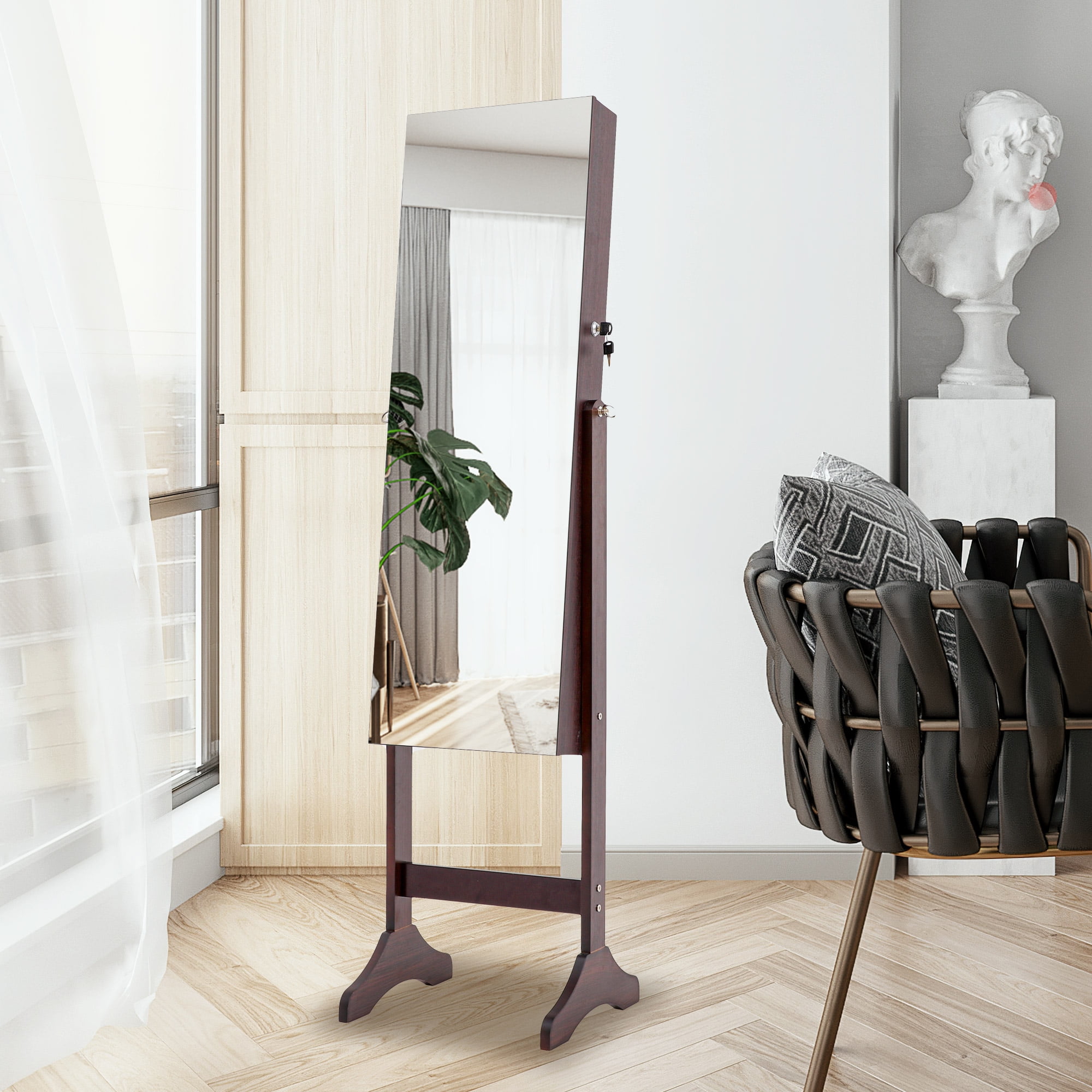 Resenkos LED Light Jewelry Armoire with Full-Length Mirror, Brown Standing Mounted Lockable Jewelry Organizer Cabinet Resenkos LED Light Jewelry Armoire with Full-Length Mirror, Brown Standing Mounted Lockable Jewelry Organizer Cabinet