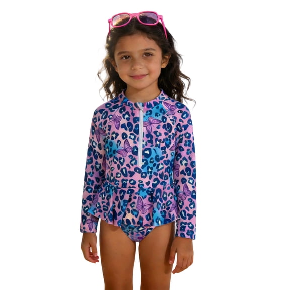Huowey Kids Retro One Piece Swimsuit Rash Guard Leopard Floral Butterflies Print Long Sleeve Zip Up Ruffles Trim Skirt Bodysuit Cozy Fashionable Bathing Suit Beachwear,Purple,7-8 Years