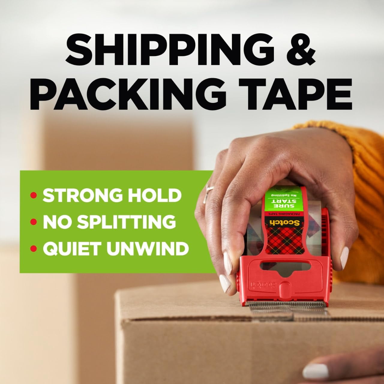 Sure Start Packing Tape, Clear, Holiday Wrapping Tape with Quiet Unwind and Easy Start, 1.88 in. x 22.2 yd., 6 Rolls Dispensers