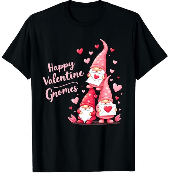 Happy Valentine's Day Gnome With Heart Cute Gnome Valentine Graphic Black T-Shirt for Men and Women