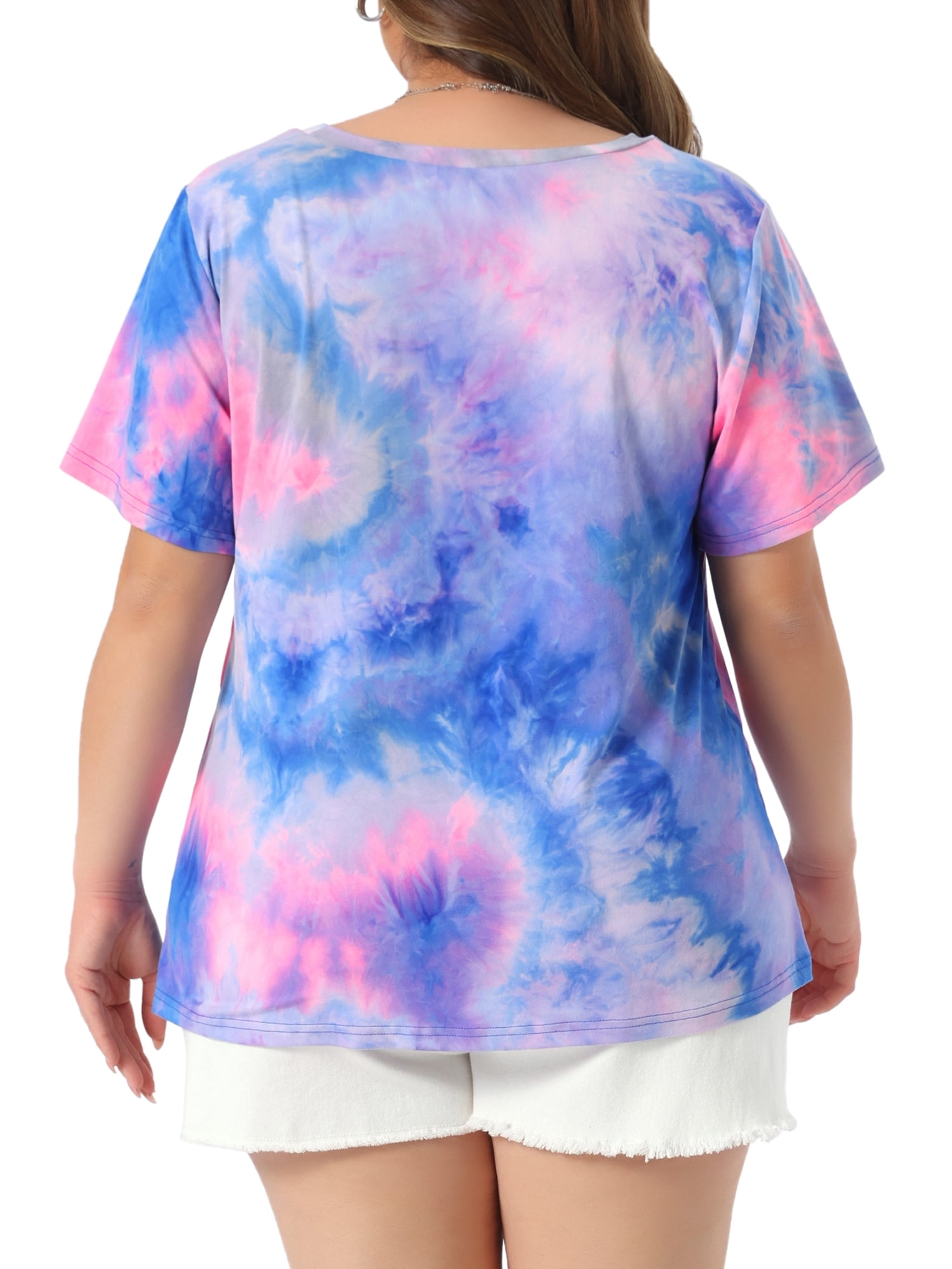 DARING DIVA Women's Plus Size Round Neck Short Sleeve Tie Dye Tops 3X Pink Blue