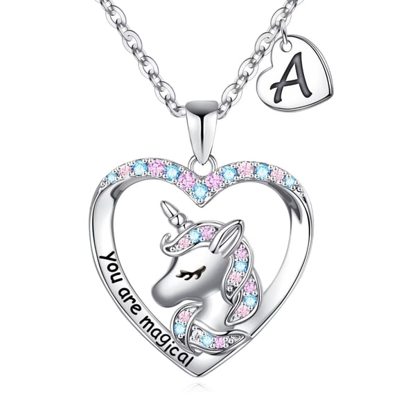 Turandoss Heart Unicorn Initial Necklace for Girls 14K White Plated Colorful CZ Letter a-z Pendant Personalized Kids Jewelry Valentine's Day Birthday Gifts for Women Teen Girls