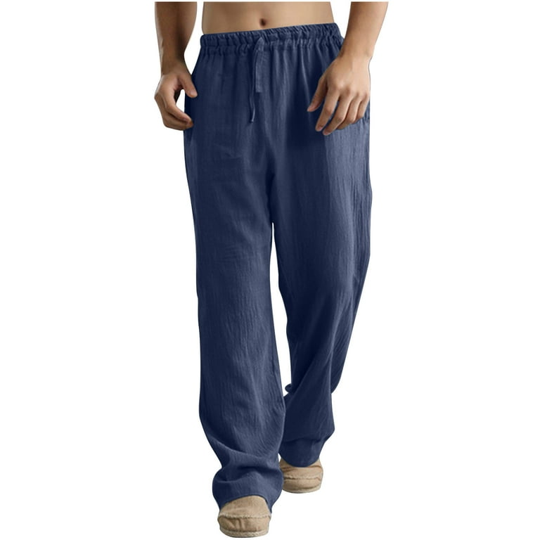 ZHENWEI Mens Cotton Linen Drawstring Pants Elastic Waist Casual Jogger Yoga  Pants 