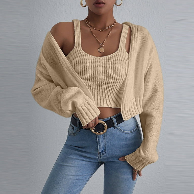 YWDJ Two Piece Outfits for Women Going out Plus Size Casual Knit Sweater  Jacket And Knit Sling Autumn Winter Top Khaki S 