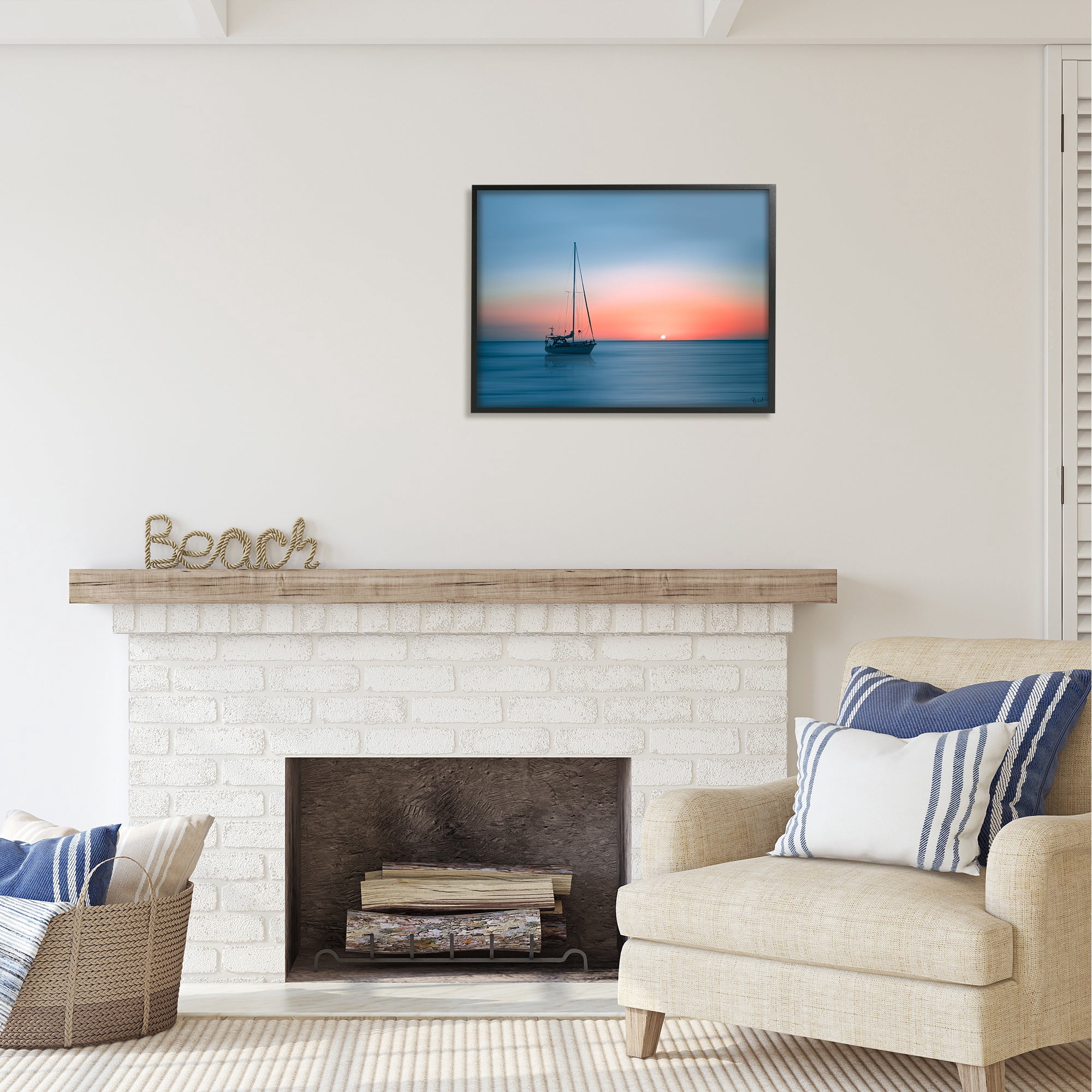 Stupell Industries Boat on Sunset Horizon Transportation Photography Black Framed Art Print Wall Art, 30 x 24
