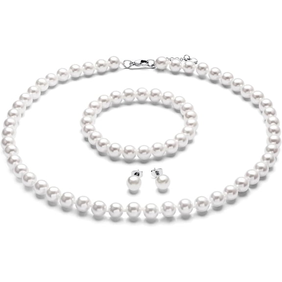 Nmkwnr Set of 3 Round Pearl Jewelry Set Pearl Necklace Bracelet Earrings Set Faux Pearl Jewelry Gift
