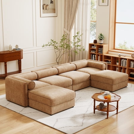 Modular Sectional Sofa with Storage Extra Large U Shaped Sectional Couch for Living Room Convertible Modular Sofa Couch with Storage Ottoman Deep Seat Cylindrical Backrest and Armrests (Grey)