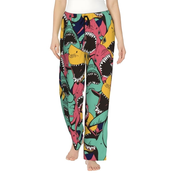 Fotbe Angry Shark Pattern Pantalones de Pijama para Mujer, Pantalones de Dormir, Pantalones Pj con Cordón y Bolsillos-Small