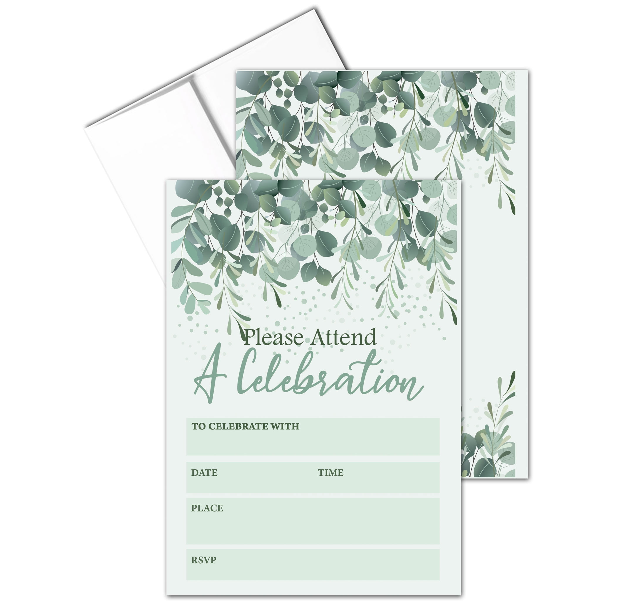 Celebration Green Leaves Fill-in Party Invitations With Envelopes - 25 Invites & Envelopes - Wedding, Baby Shower, Rehearsal Dinner, Birthday Party