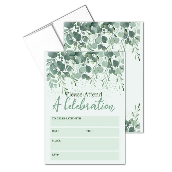 Celebration Green Leaves Fill-in Party Invitations With Envelopes - 25 Invites &