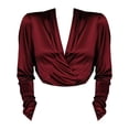 thumbnail image 6 of WULMLEO Women's Satin Silky Draped Wrap V Neck Ruched Long Sleeve Blouse Shirt Top Solid Casual Work Dressy Shirts Top Wine S, 6 of 6