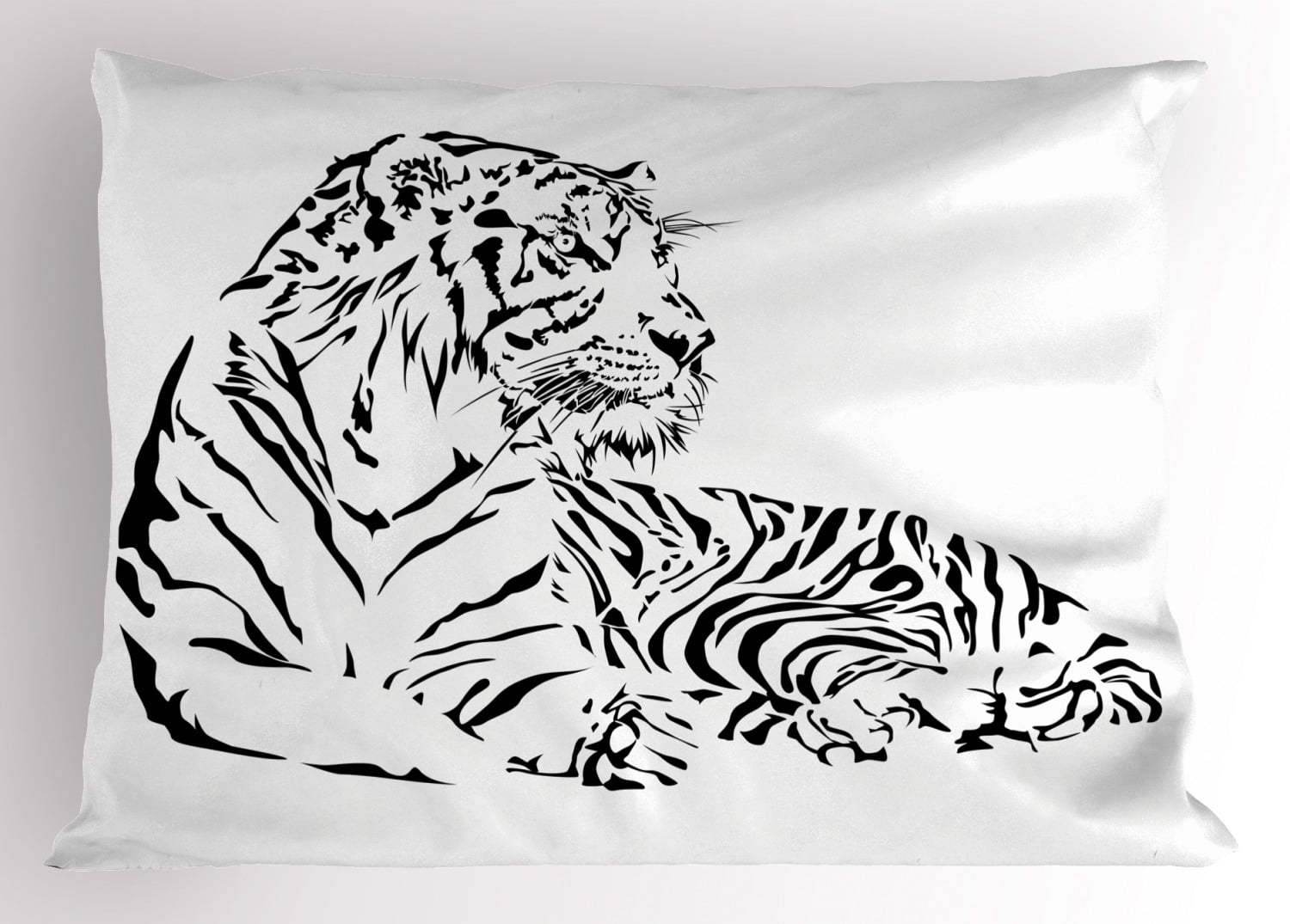 White Tiger Pillow Sham, African Wilderness Theme with Safari Animal Sitting Nobility Tattoo Art, Decorative Standard Size Printed Pillowcase, 26 X 20 Inches, Black and White, by Ambesonne