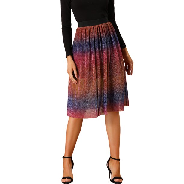Allegra K Women's Metallic Shiny Elastic Waist Knee Length Pleated