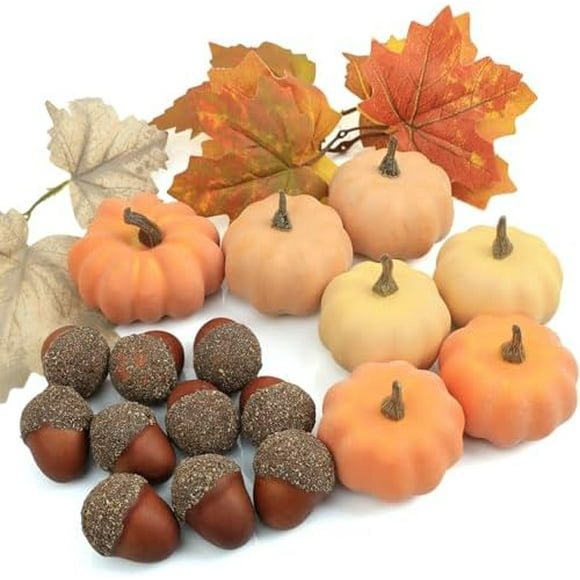 Fall Decor - Fake Foam Pumpkin Decor - 25 PCS Mini Pumpkin Set with Acorns Maple Leaves for Fall Harvest Halloween Thanksgiving Decor DIY Crafts Home Tray Tabletop Centerpiece Style-2 Style-2