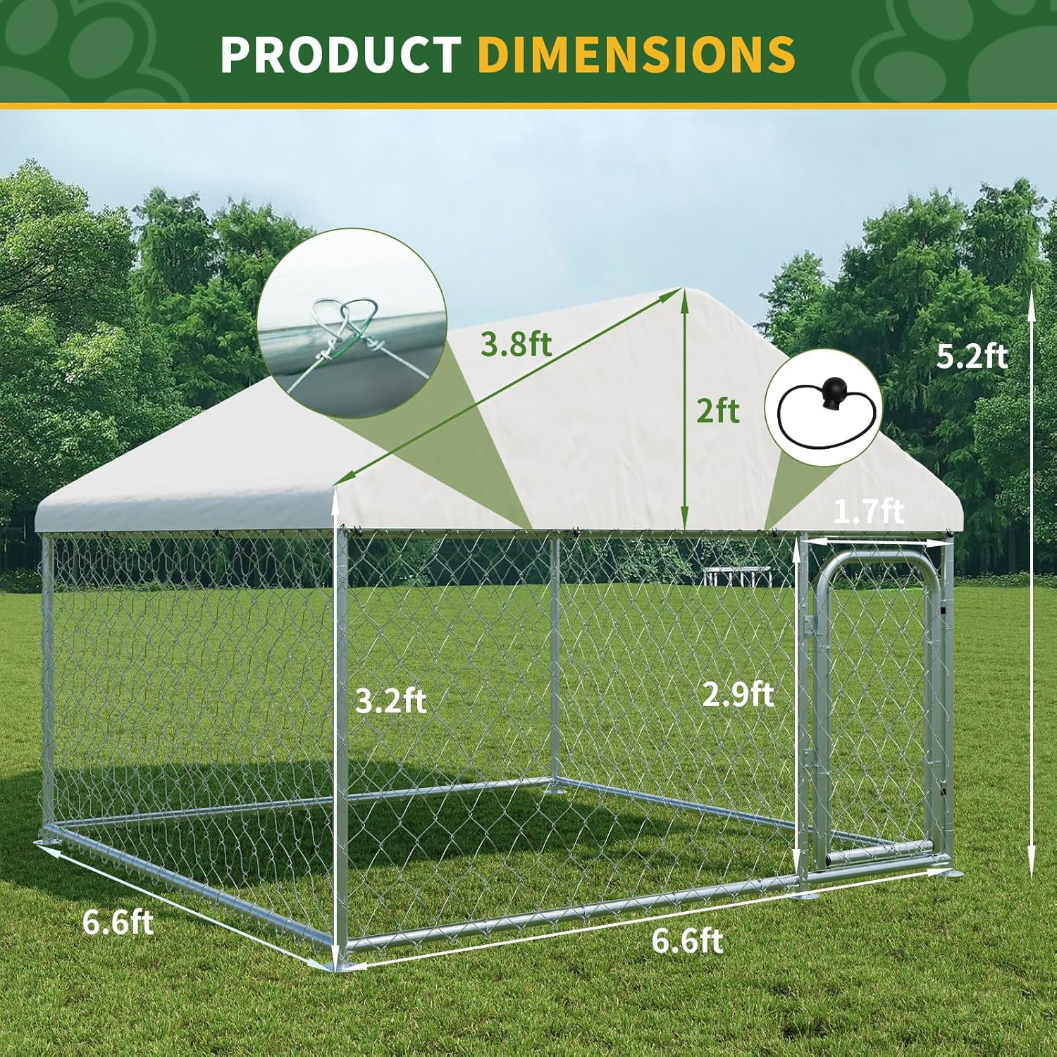 Outdoor Large Dog Kennel, Heavy Duty Dog Enclosure with UV & Rain-Proof Fully Covered Roof, Rustproof Metal Mesh, Double Security Locks, 6.6 x 6.6 FT
