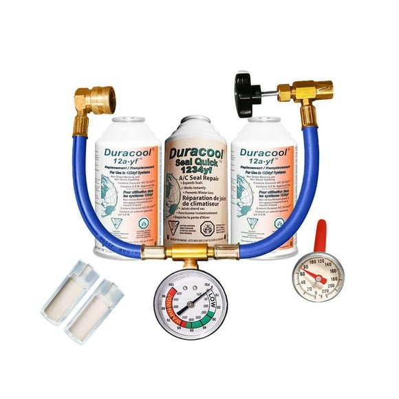 Kit de recharge Duracool 12a-yf pour systèmes de climatisation 1234yf. Contient 2 canettes de réfrigérant de remplacement 1234, 1 canette 12a-yf SealQuick, un tuyau de charge 1234 avec jauge et connex
