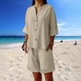 thumbnail image 6 of Jinhomg Two Piece Short Set for Women Cotton Linen Short Sleeve Sweatsuit Sets Buttons Down V Neck Lounge Tracksuits Khaki,S, 6 of 7