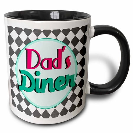 

3dRose Dads Diner on black - Retro hot pink turquoise teal blue 1950s style 50s fifties kitchen Fathers day - Two Tone Black Mug 11-ounce