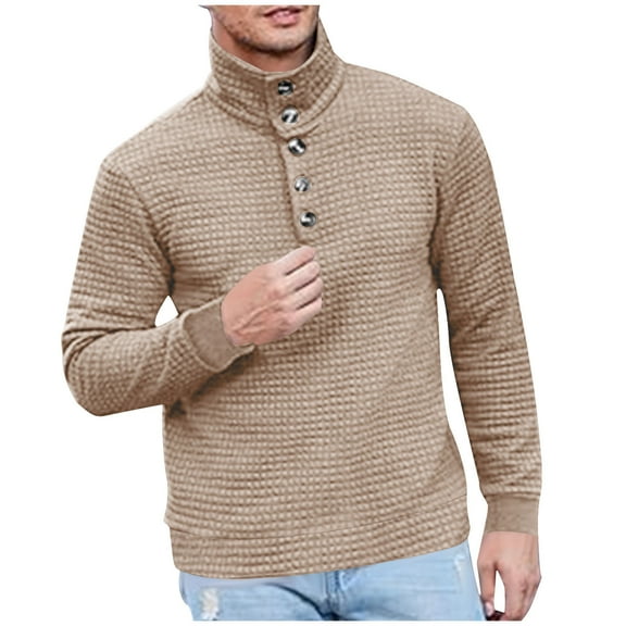 APEXFWDT Men’s High-Collar Sweater with Buttons Long Sleeve Warm Pullover Sweatshirt for Autumn & Winter,L,Khaki