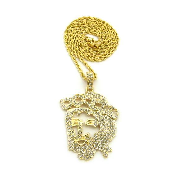 Stone Stud Hollow Jesus Face Pendant w/3mm 24" Rope Chain Necklace, Gold-Tone