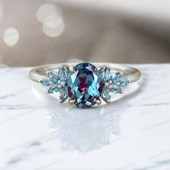 KANISHKAGEMS&JEWELS 8x6MM / 1.5Ct Vintage Alexandrite Engagement Ring Aquamarine Bridal Wedding Ring Cluster Promise Ring Gift For Her