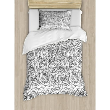 Black and White Twin Size Duvet Cover Set, Romantic Nature Symbols in Sketch Art Style Monochromatic Rose Bouquet, Decorative 2 Piece Bedding Set with 1 Pillow Sham, Black White, by Ambesonne