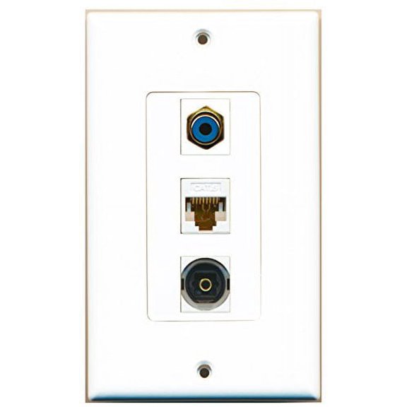 RiteAV - 1 Port RCA Blue and 1 Port Toslink and 1 Port Cat6 Ethernet White Decorative Wall Plate Decorative